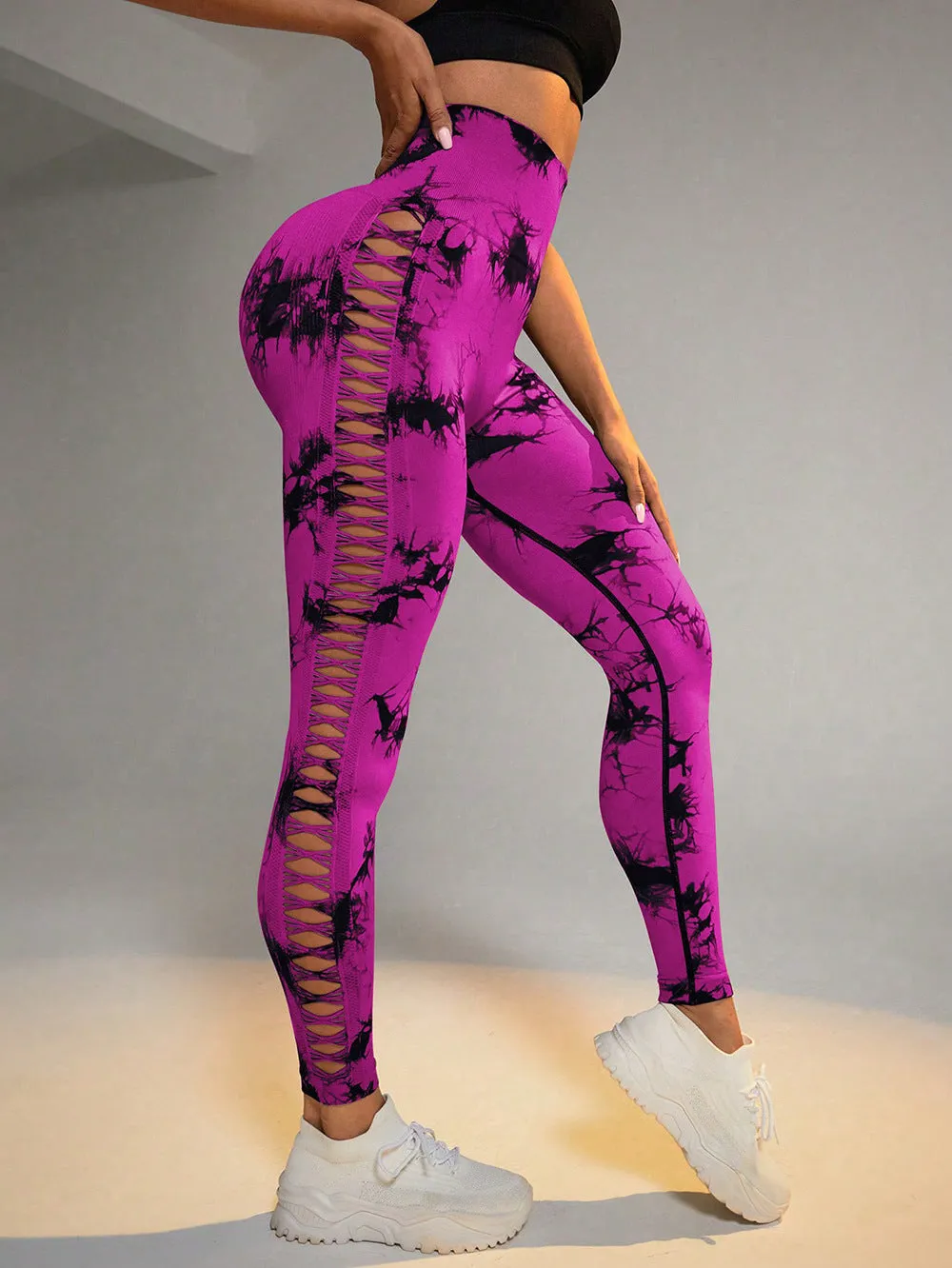 4FunGift® Yoga Trendy Seamless Tie Dye Ladder Cut Out Side Tummy Control Sports Leggings