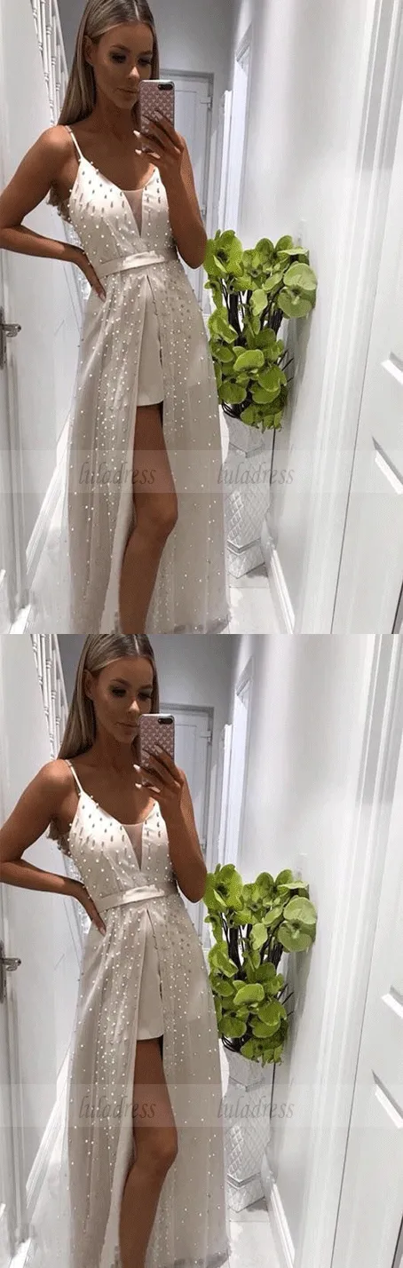 A-Line Spaghetti Straps Floor-Length White Prom Dresses