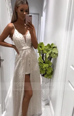 A-Line Spaghetti Straps Floor-Length White Prom Dresses