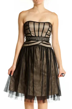 Black and Beige Strapless Tulle Cocktail Dress