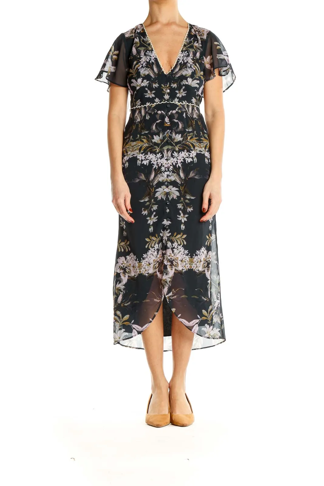 Black Floral Chiffon Midi Dress