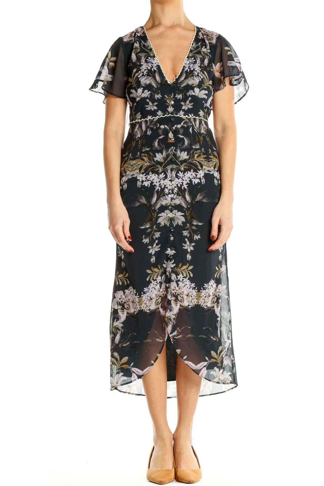 Black Floral Chiffon Midi Dress