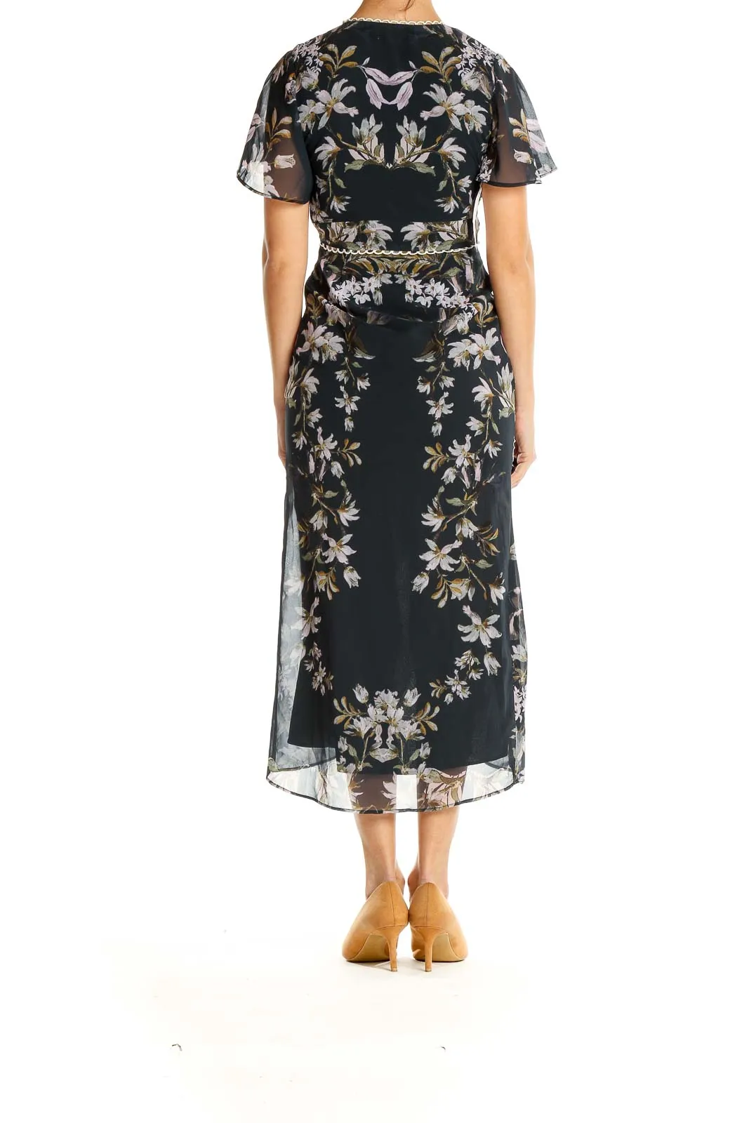 Black Floral Chiffon Midi Dress