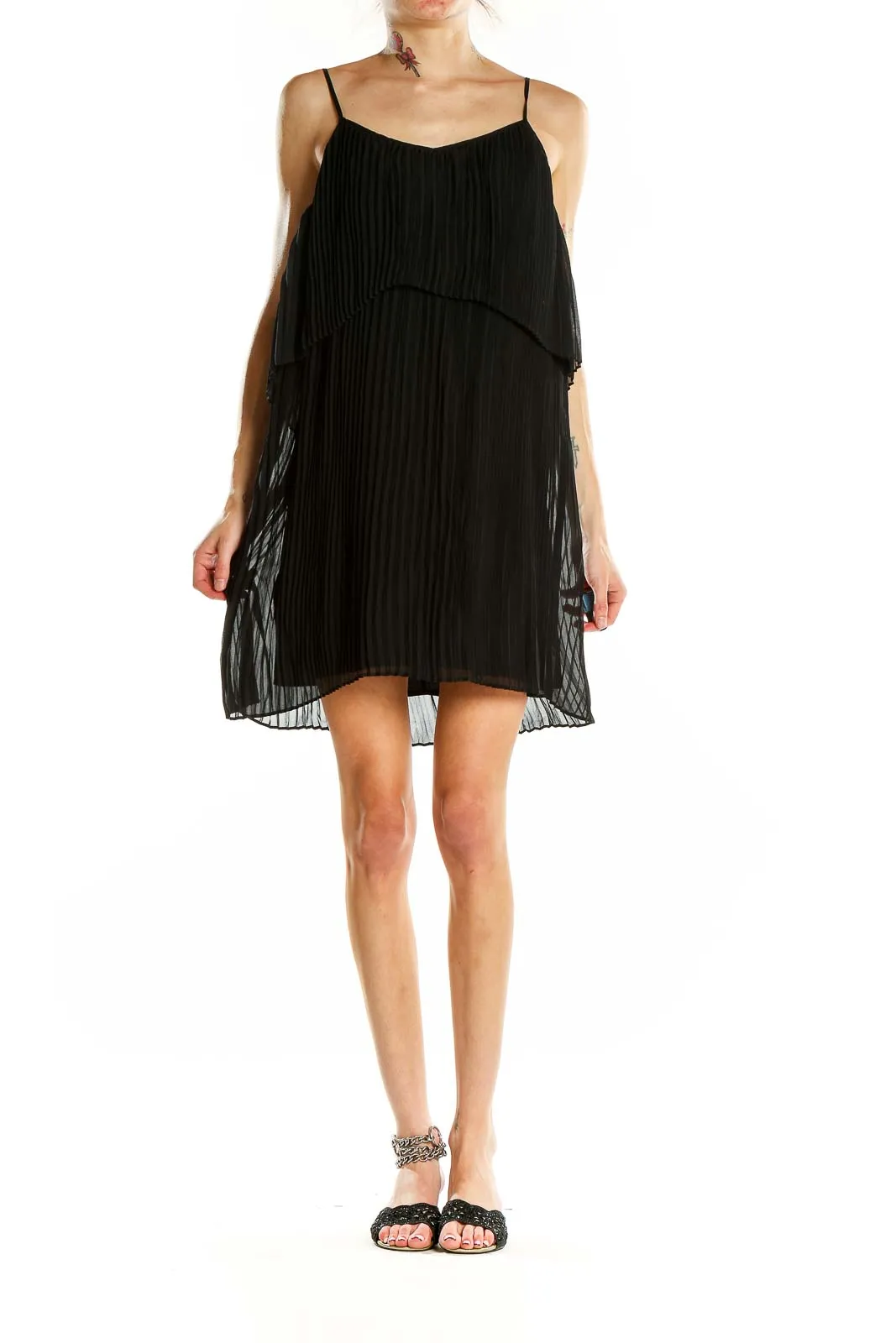 Black Pleated Chiffon Mini Dress