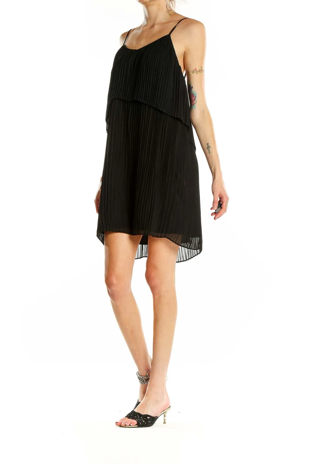 Black Pleated Chiffon Mini Dress