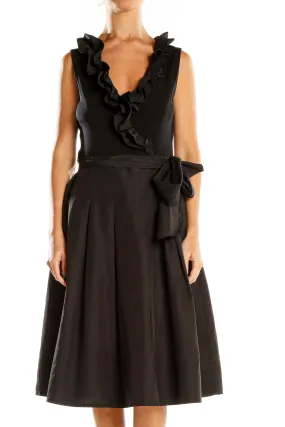 Black Ruffled V-Neck Midi Dress