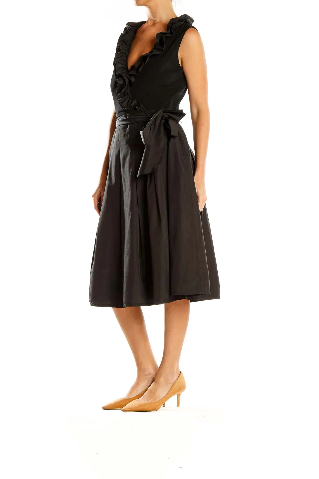 Black Ruffled V-Neck Midi Dress