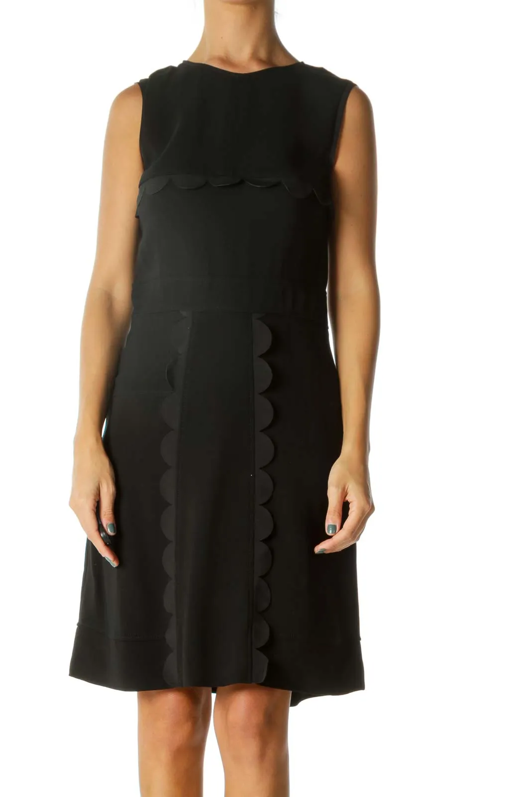 Black Silk Blend Designer Scalloped Detail Cocktail Dress