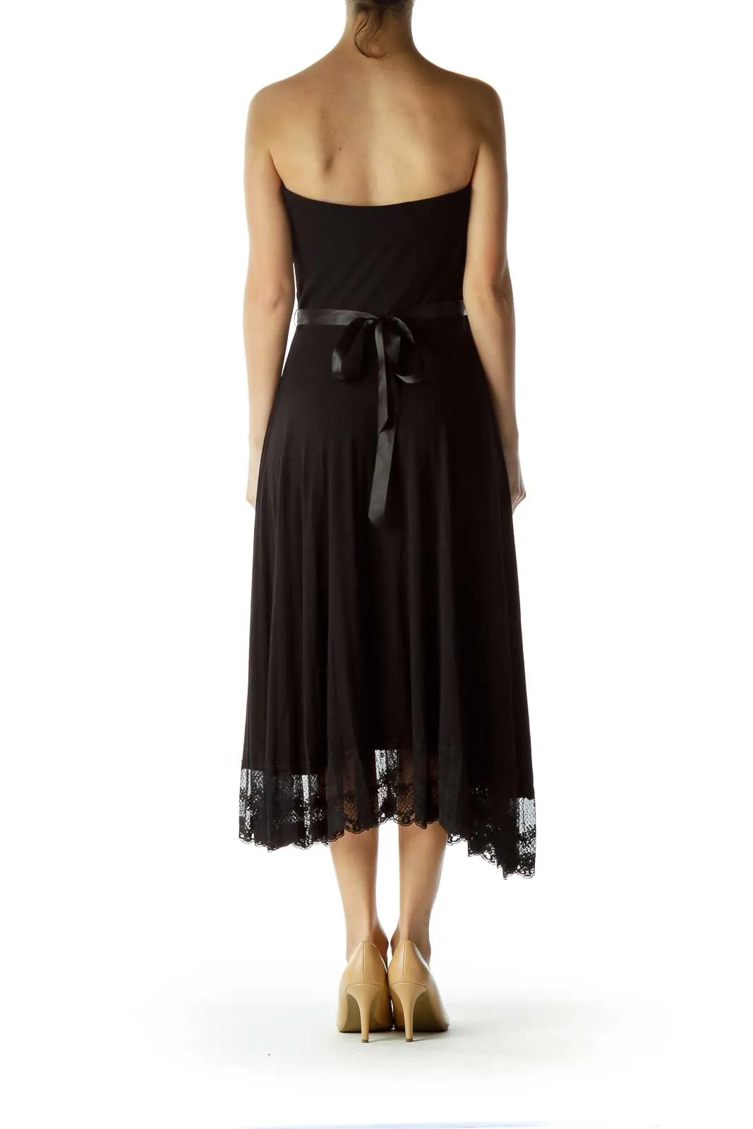 Black Strapless Cocktail Dress with Lace Details