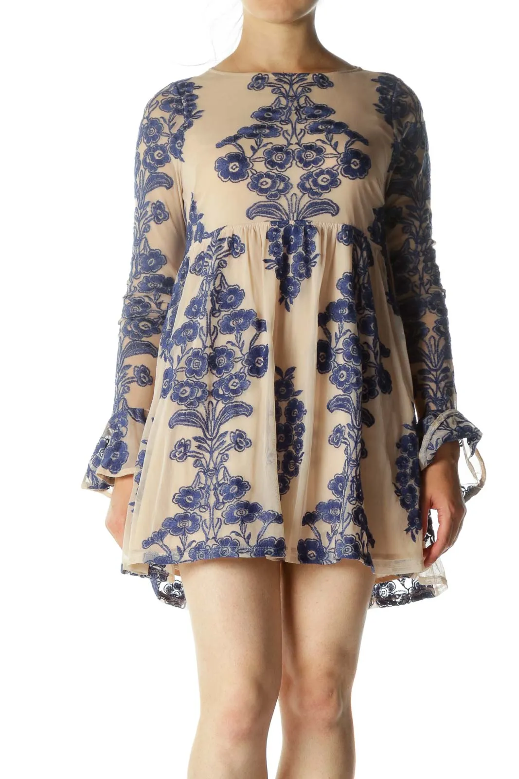 Blue Beige Round Neck Floral Embroidery Lace Body Cocktail Dress