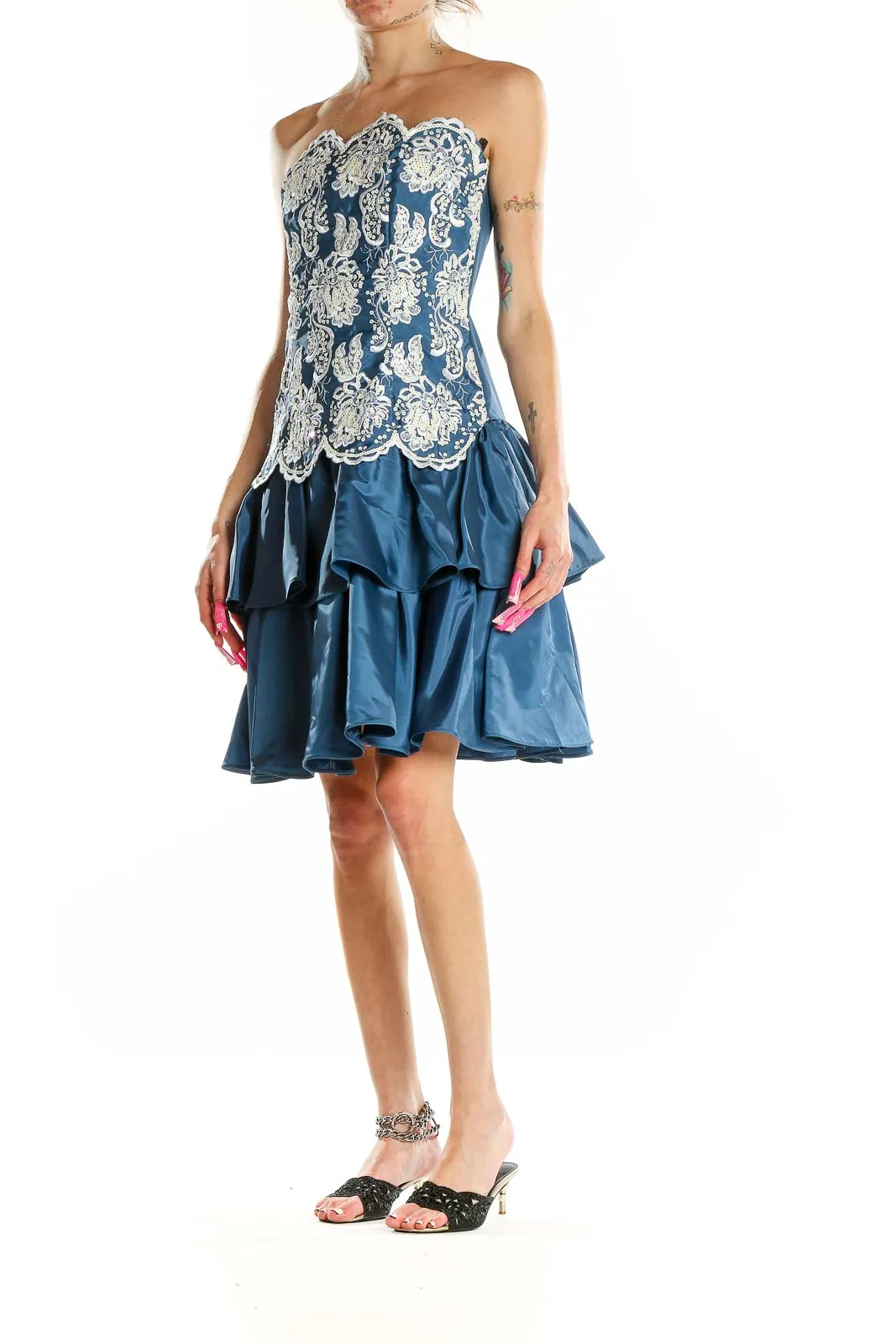 Blue Lace Overlay Cocktail Dress