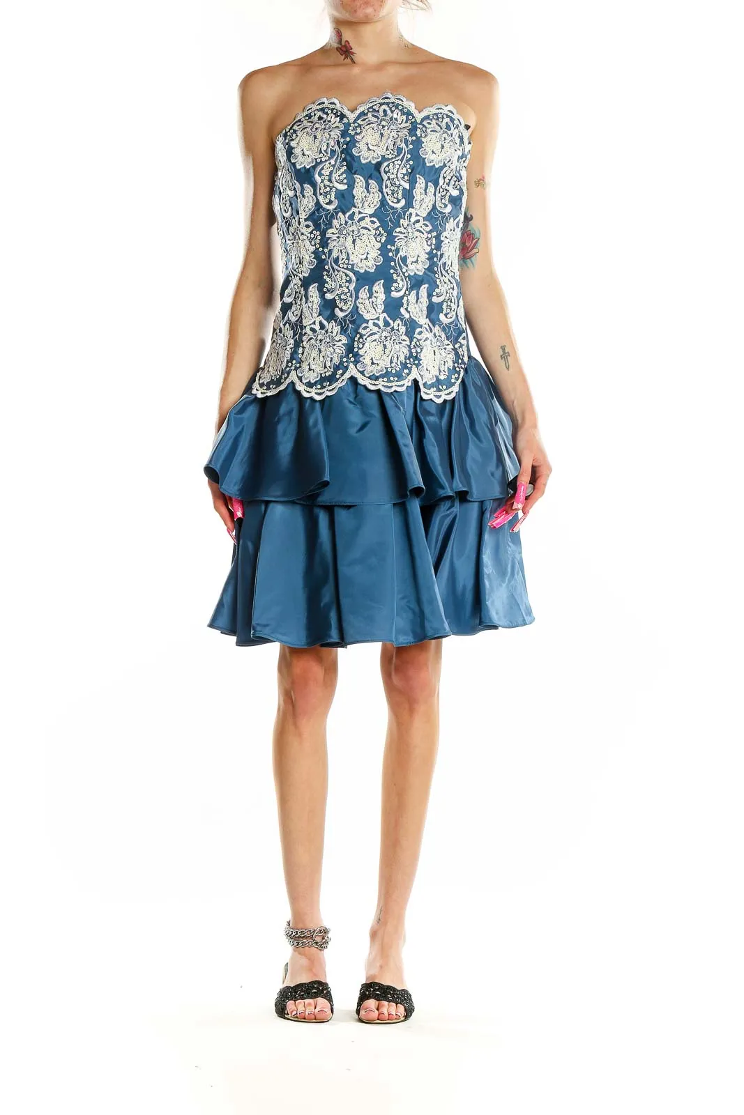 Blue Lace Overlay Cocktail Dress