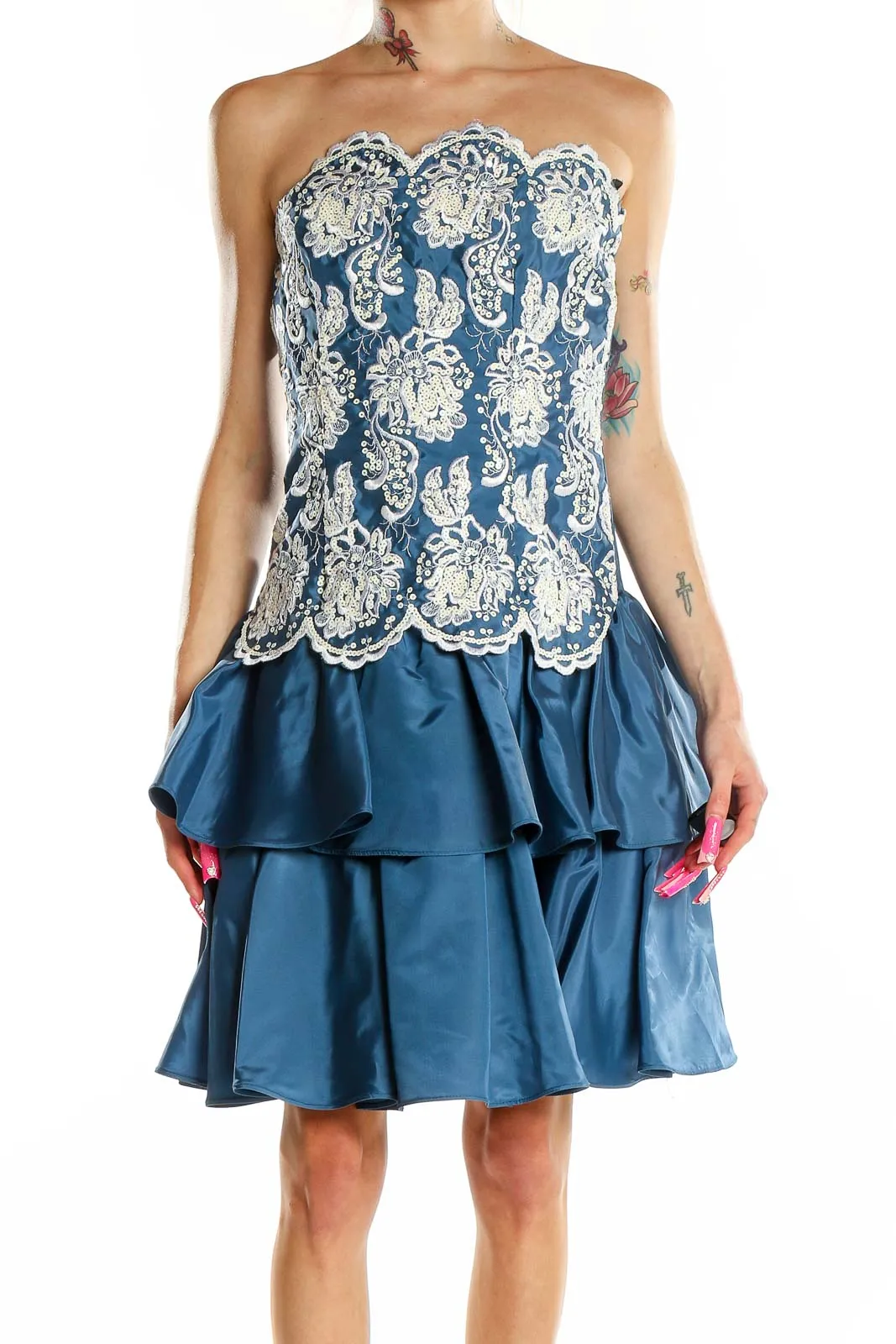 Blue Lace Overlay Cocktail Dress