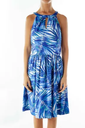 Blue White Leaf Print Dress