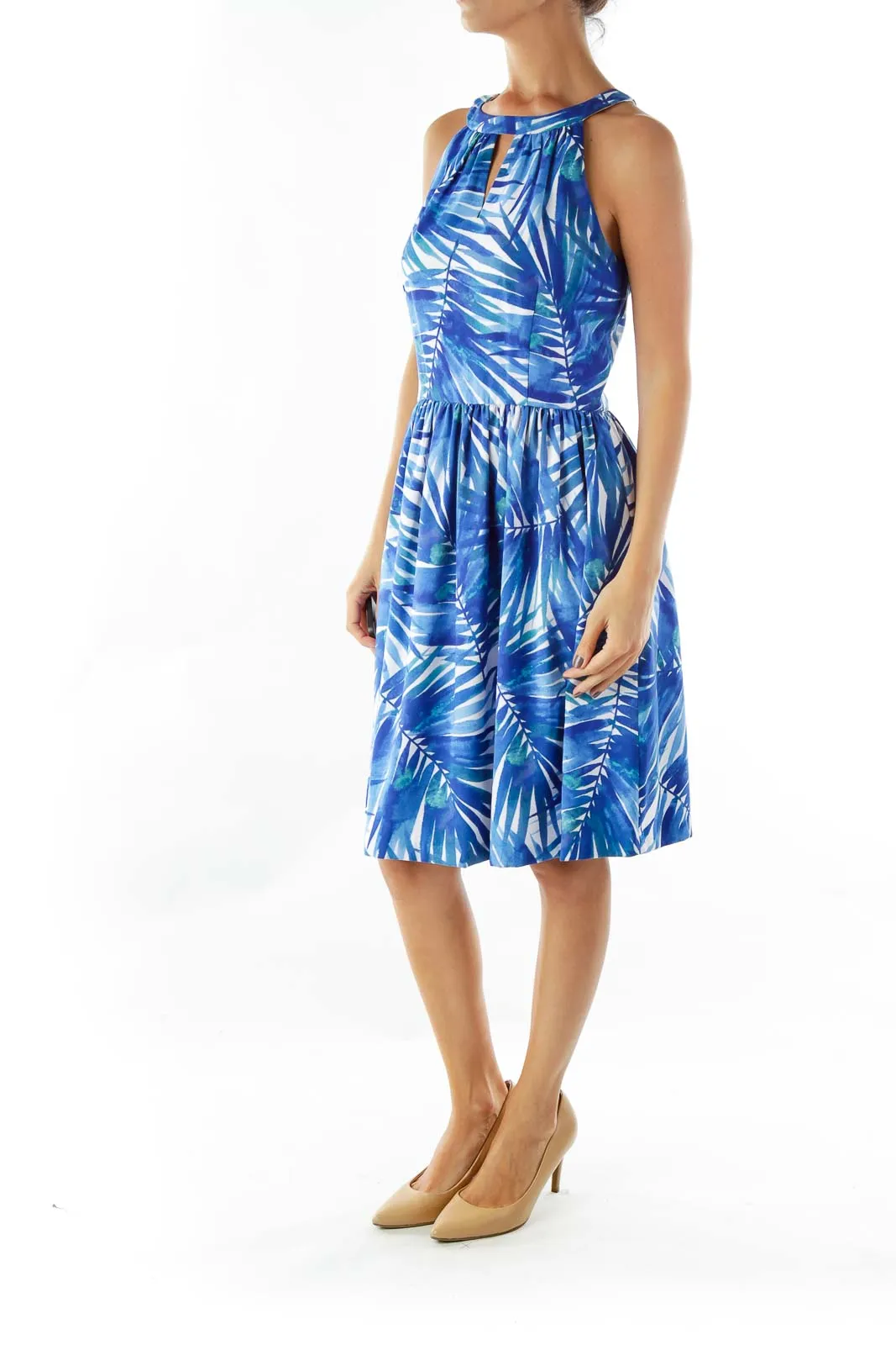 Blue White Leaf Print Dress