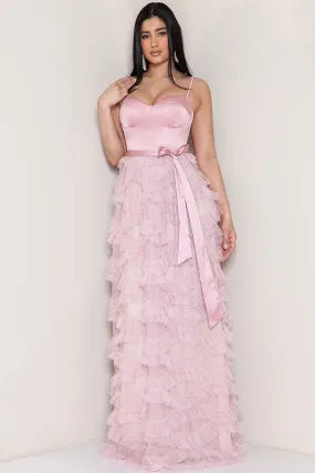 Blush Tulle Ruffle Layered Maxi Dress With Waist Tie