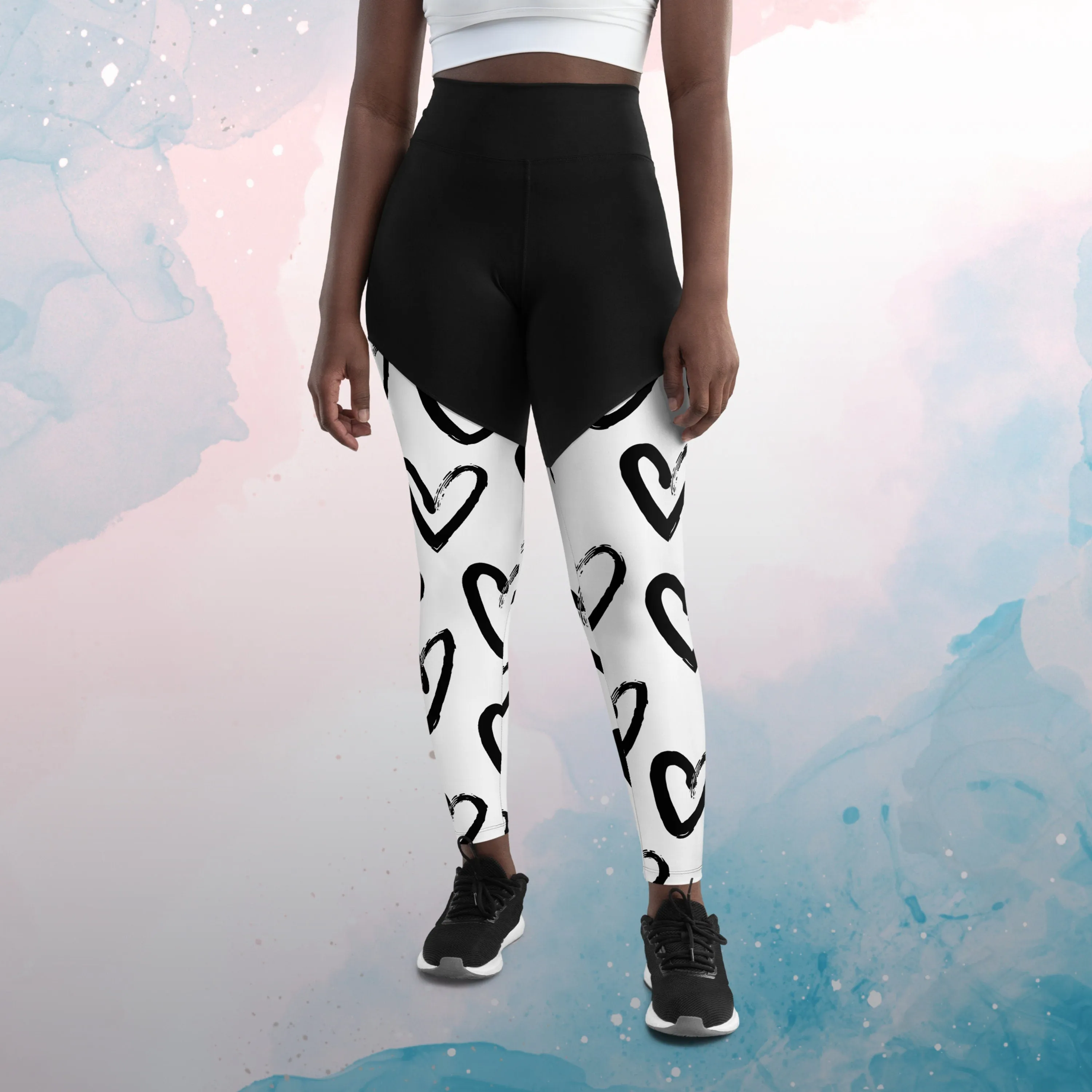 Bold Black and White Hearts Womens Compression Sports Leggings Gym Gift