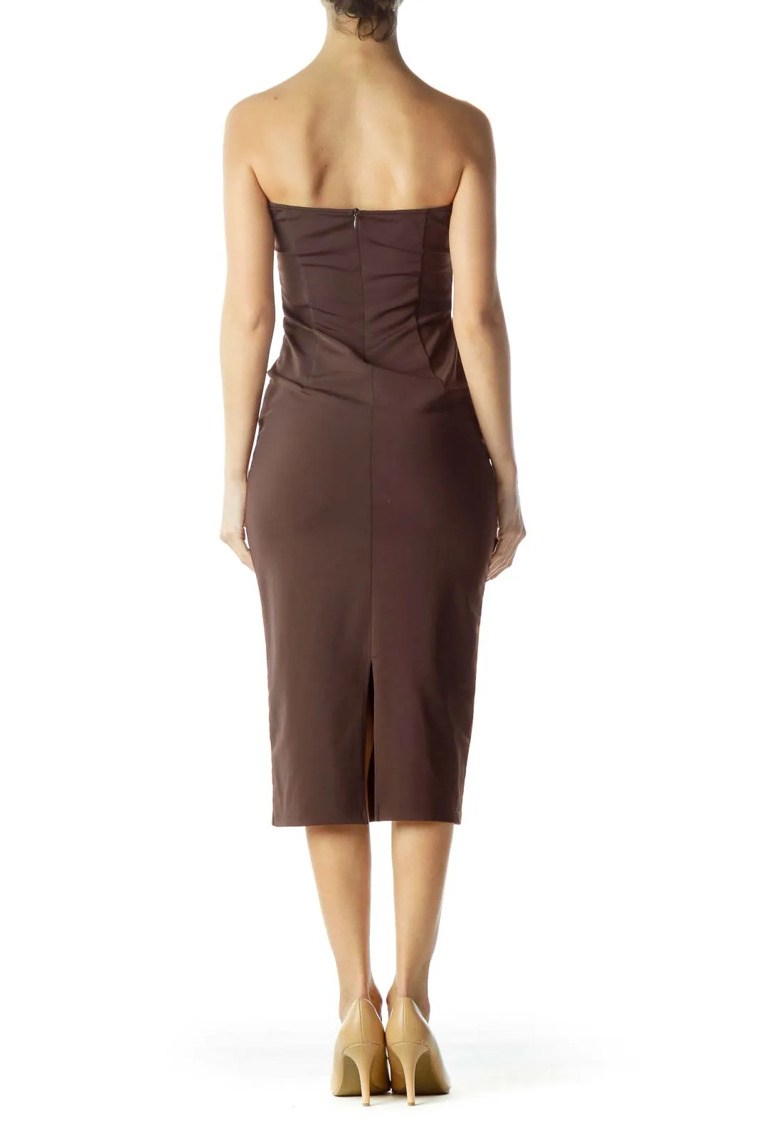 Brown Strapless Stretch Slim Cocktail Dress