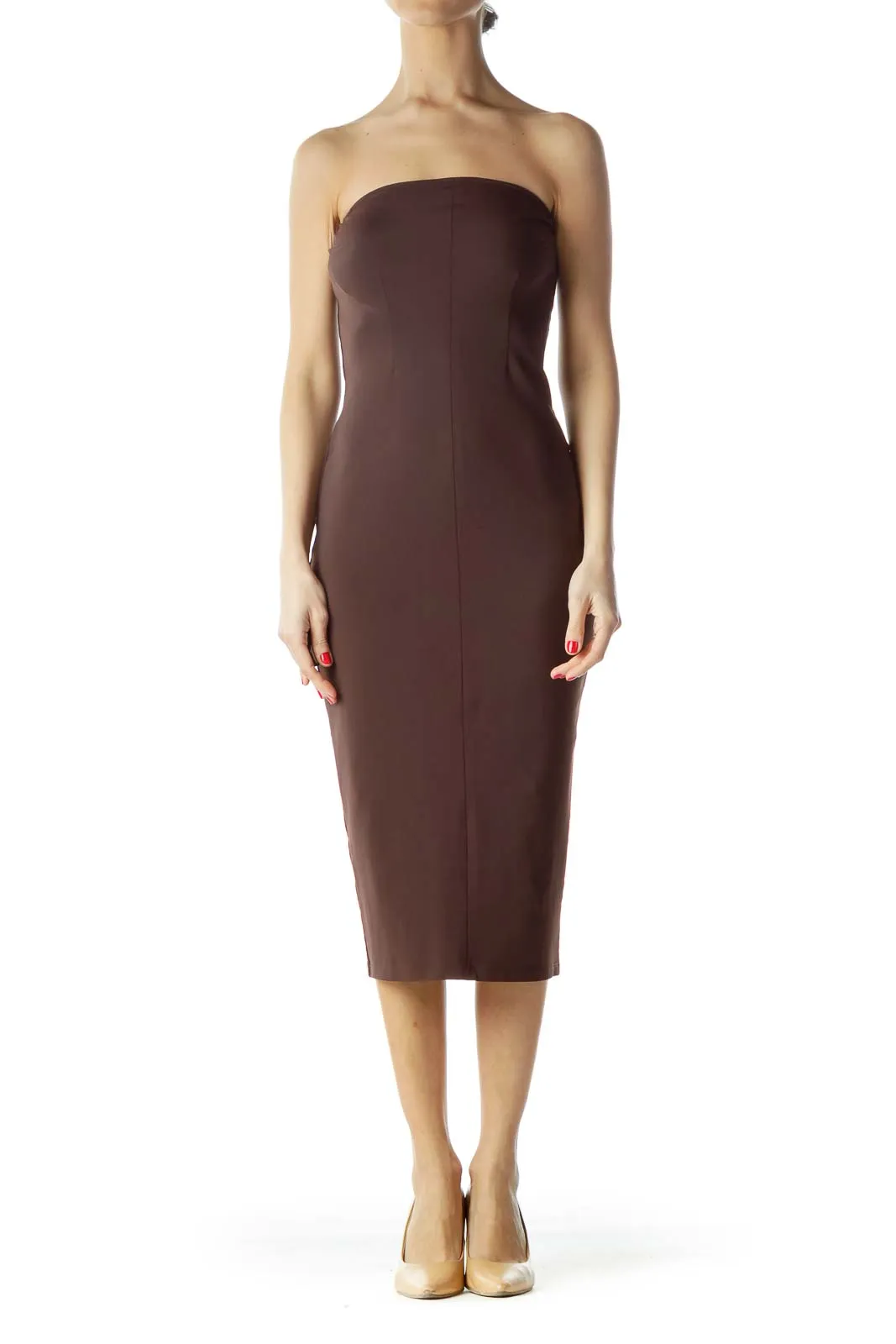 Brown Strapless Stretch Slim Cocktail Dress