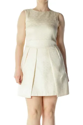 Cream/Silver Round-Neck Pleated Metallic Thread Textured Dress