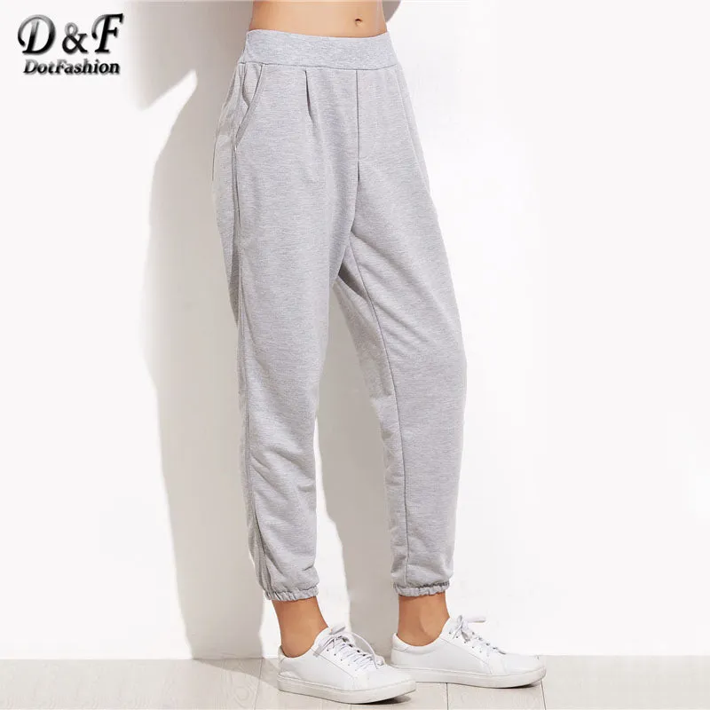 Dotfashion Grey Elastic Cuff Pocket Bottoms 2018 Ladies Autumn Mid Waist Solid Sweatpants Women Cropped Loose Pants