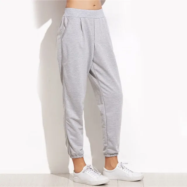 Dotfashion Grey Elastic Cuff Pocket Bottoms 2018 Ladies Autumn Mid Waist Solid Sweatpants Women Cropped Loose Pants