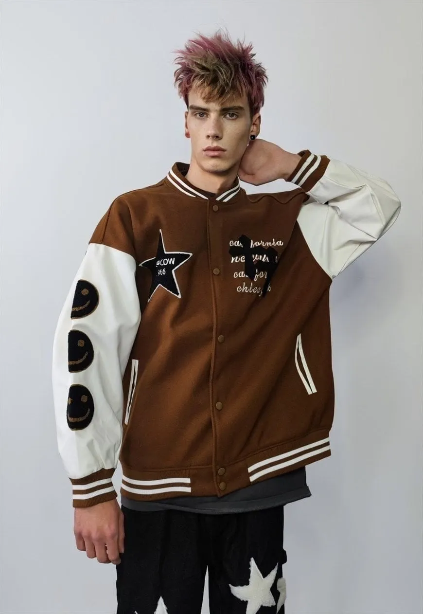 Emoji patch varsity jacket college baseball bomber brown