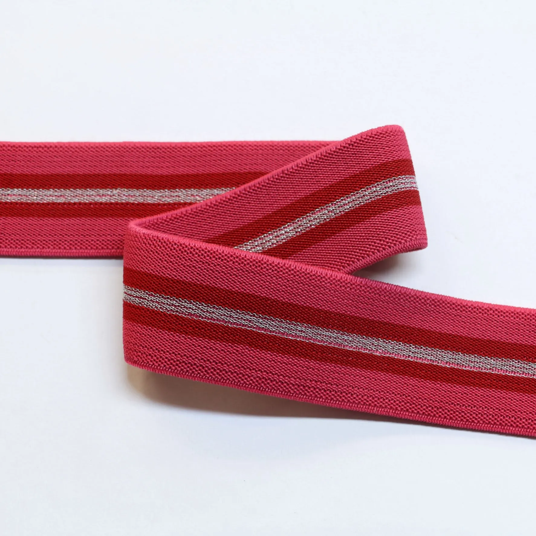 Fancy Elastic Elastic (35mm/ 1 1/4") - Pink/Red/Silver Stripe