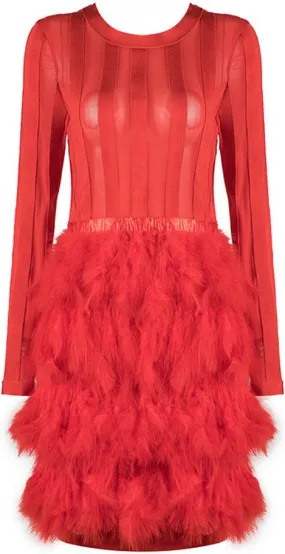 Feather-Tiered Mesh-Paneled Mini Cocktail Dress, Red