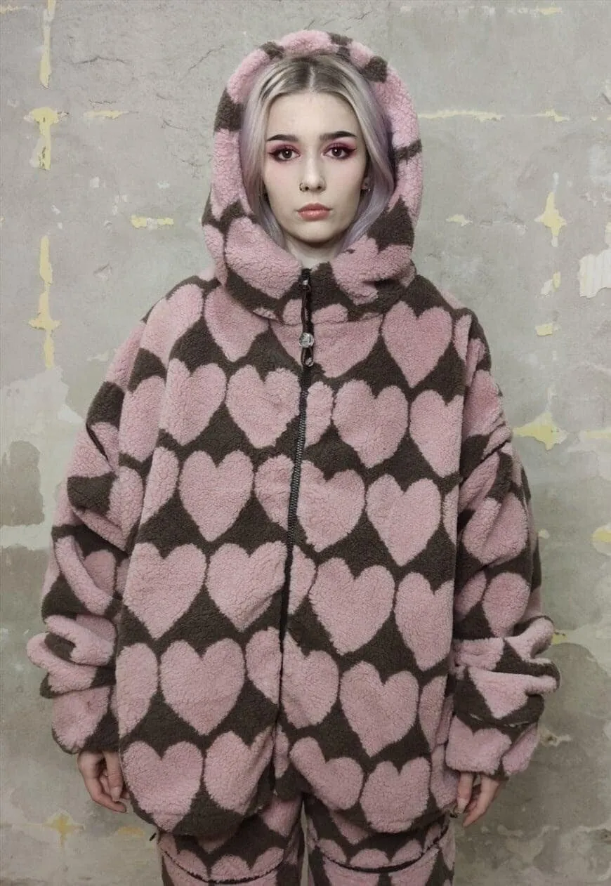 Heart fleece Bomber handmade detachable love jacket pink