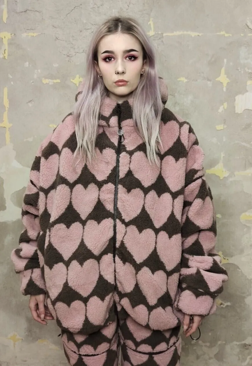 Heart fleece Bomber handmade detachable love jacket pink