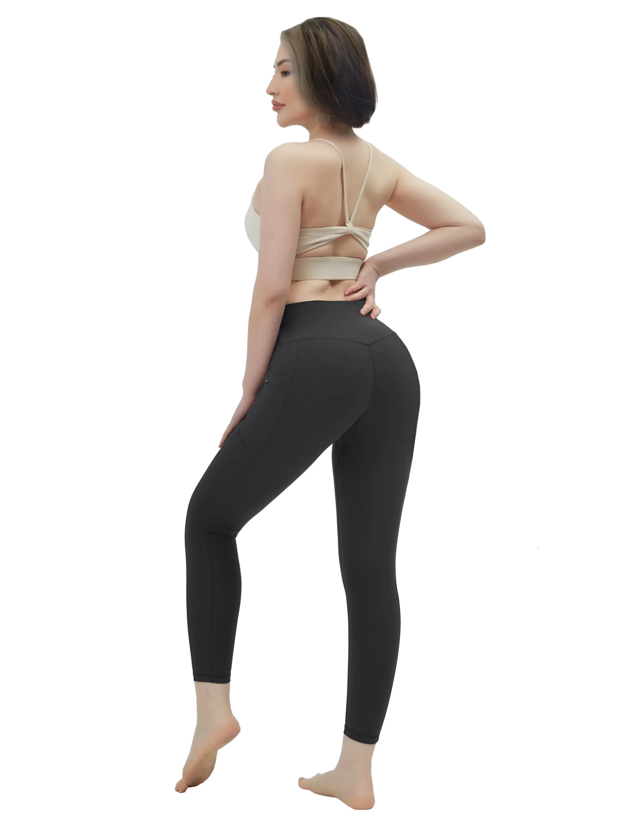 High Waisted Jogging Pants 7/8 Length Leggings with Pockets charcoalgrey_Jogging