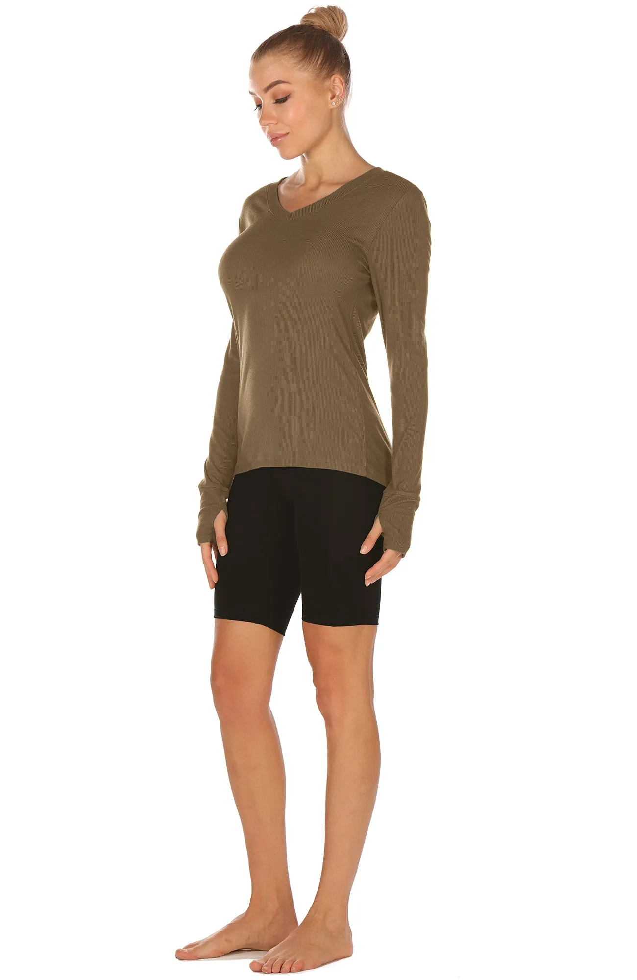 icyzone Long Sleeve Knit Tops for Women - V Neck Undershirts Casual T Shirts with Thumb Holes