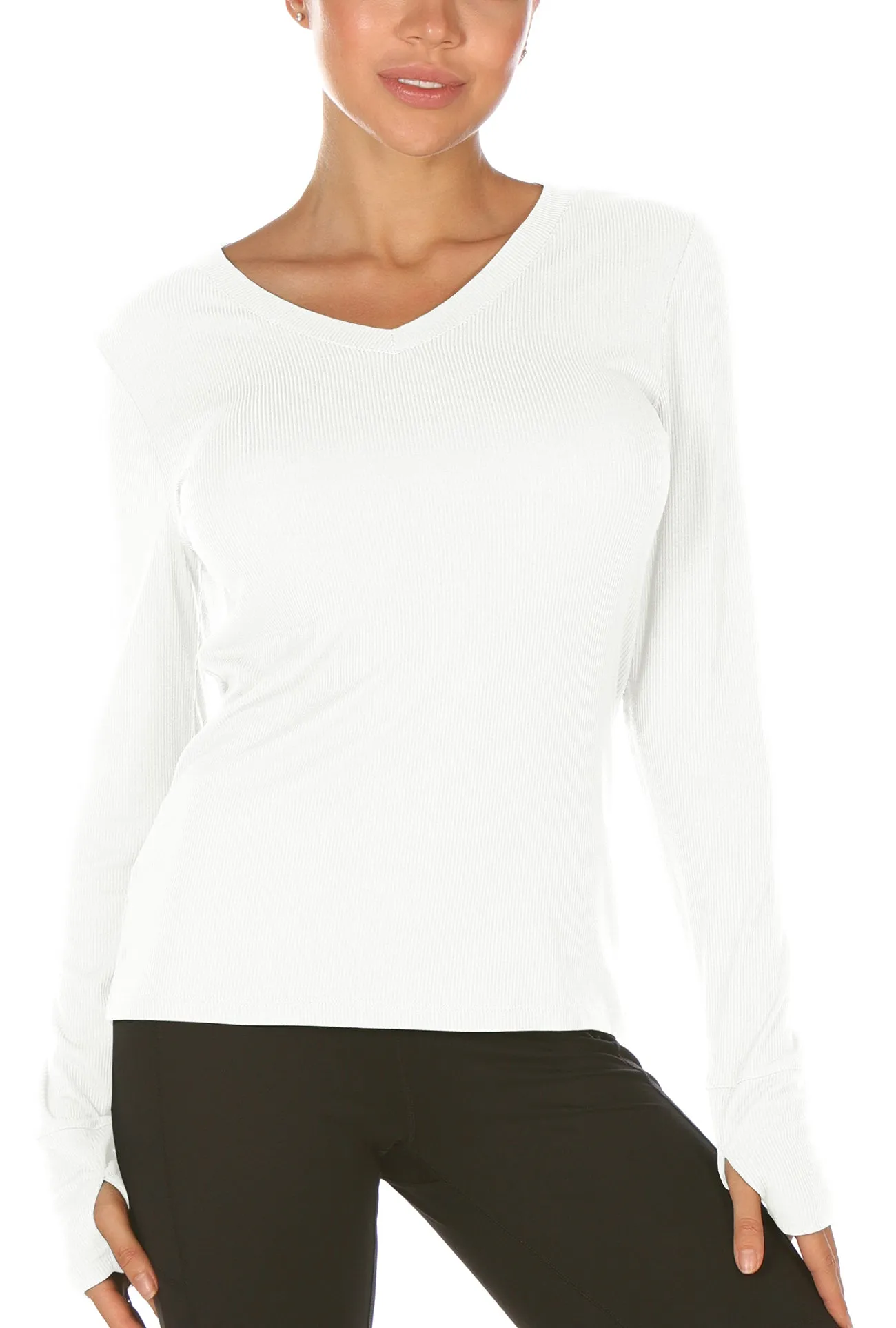 icyzone Long Sleeve Knit Tops for Women - V Neck Undershirts Casual T Shirts with Thumb Holes