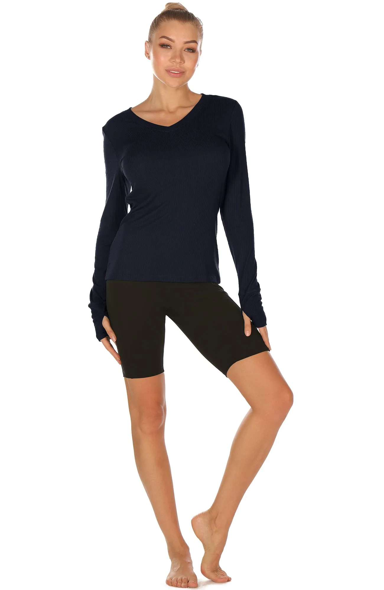 icyzone Long Sleeve Knit Tops for Women - V Neck Undershirts Casual T Shirts with Thumb Holes