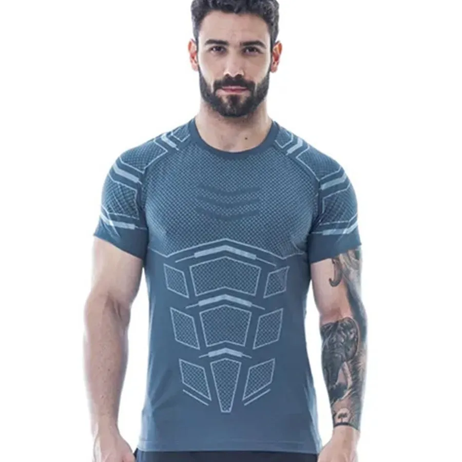 Jinquedai  Compression Quick dry T-shirt Men Running Sport Skinny Short Tee Shirt Male Gym Fitness Bodybuilding Workout Black Tops Clothing