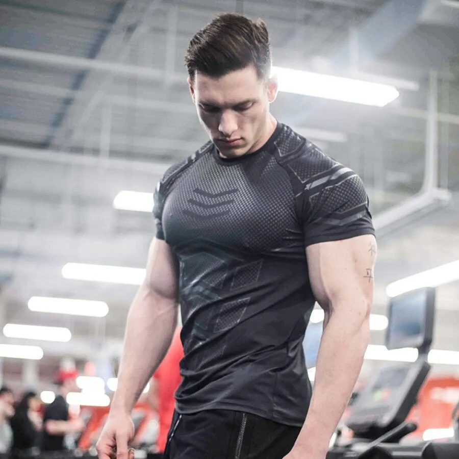 Jinquedai  Compression Quick dry T-shirt Men Running Sport Skinny Short Tee Shirt Male Gym Fitness Bodybuilding Workout Black Tops Clothing