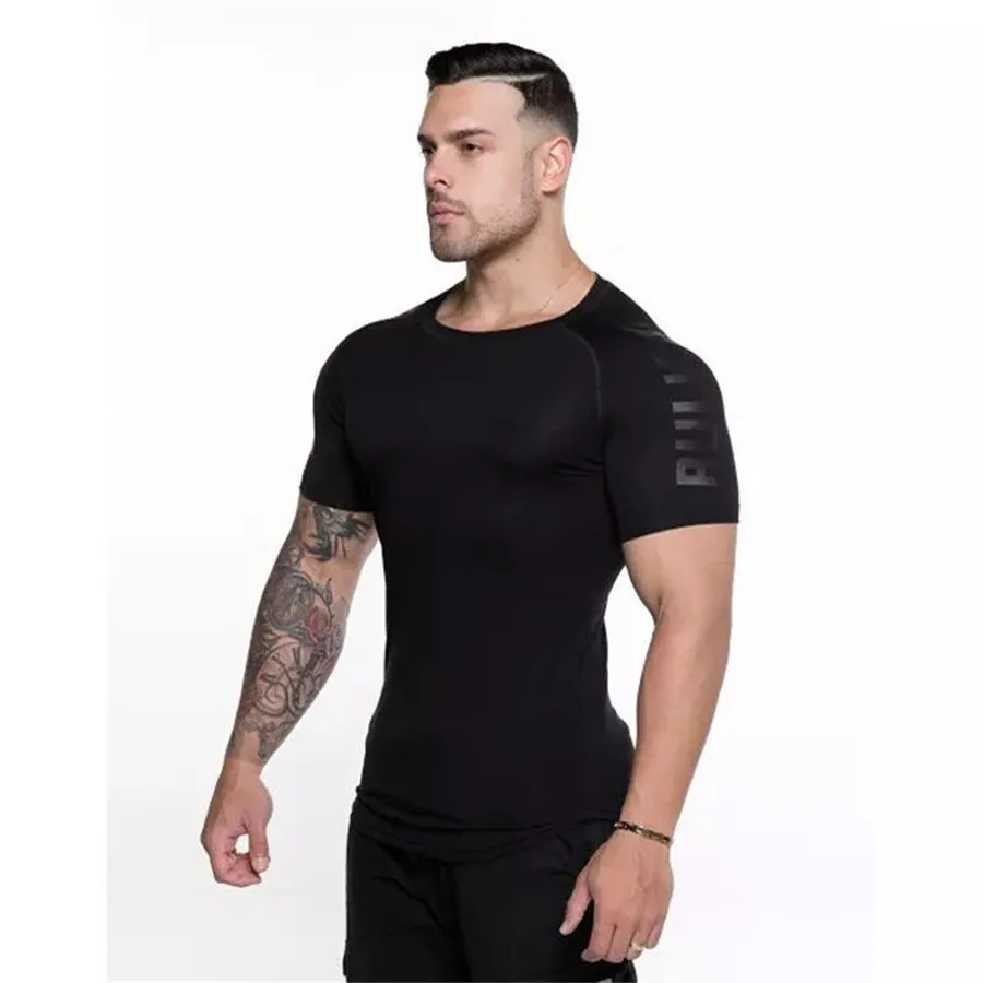 Jinquedai  Compression Quick dry T-shirt Men Running Sport Skinny Short Tee Shirt Male Gym Fitness Bodybuilding Workout Black Tops Clothing