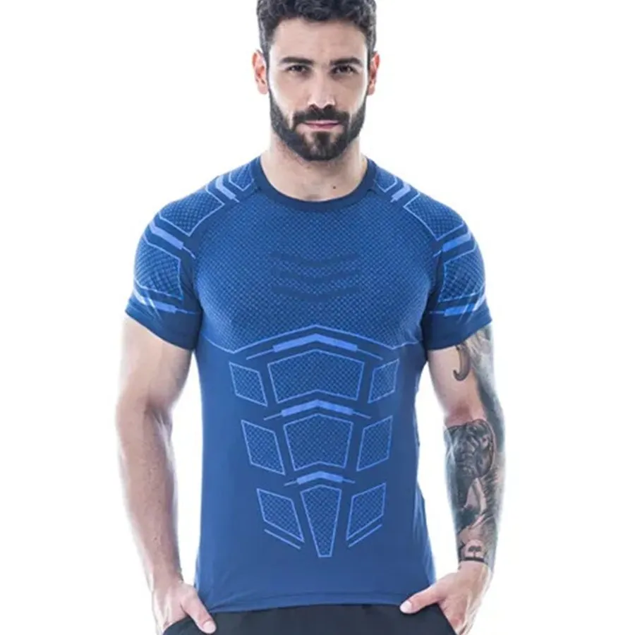 Jinquedai  Compression Quick dry T-shirt Men Running Sport Skinny Short Tee Shirt Male Gym Fitness Bodybuilding Workout Black Tops Clothing