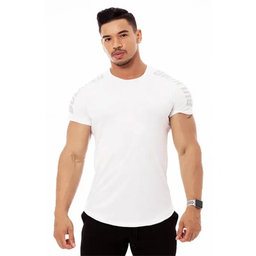 Jinquedai  Compression Quick dry T-shirt Men Running Sport Skinny Short Tee Shirt Male Gym Fitness Bodybuilding Workout Black Tops Clothing