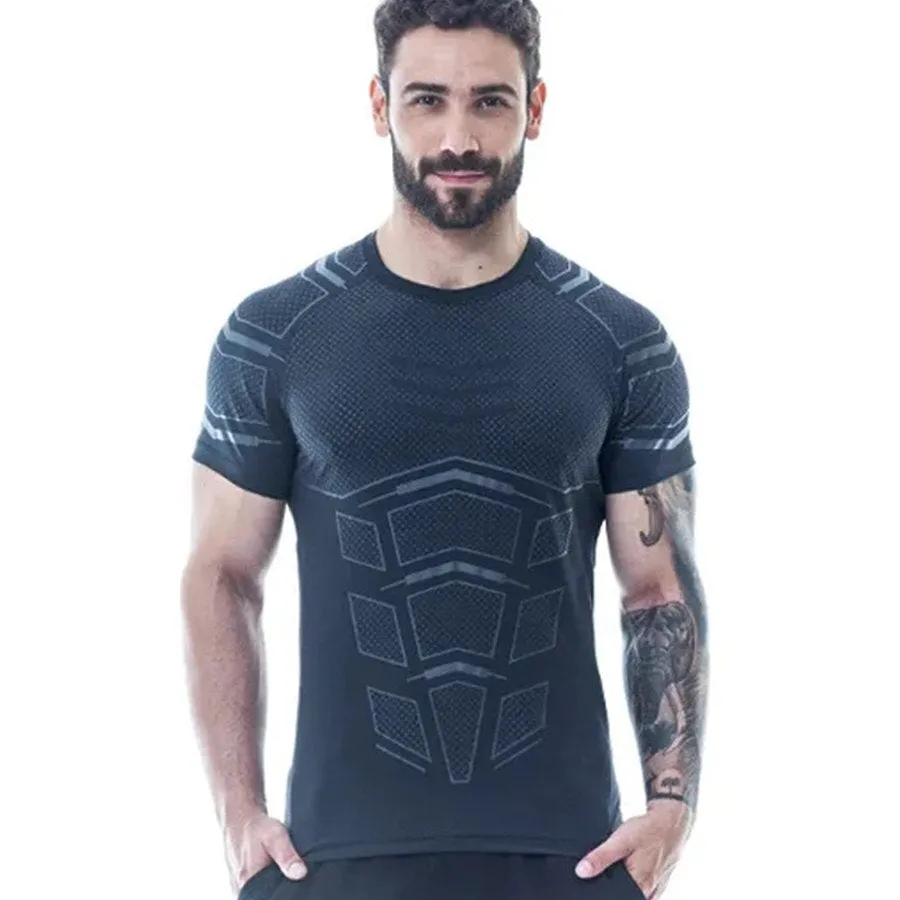 Jinquedai  Compression Quick dry T-shirt Men Running Sport Skinny Short Tee Shirt Male Gym Fitness Bodybuilding Workout Black Tops Clothing