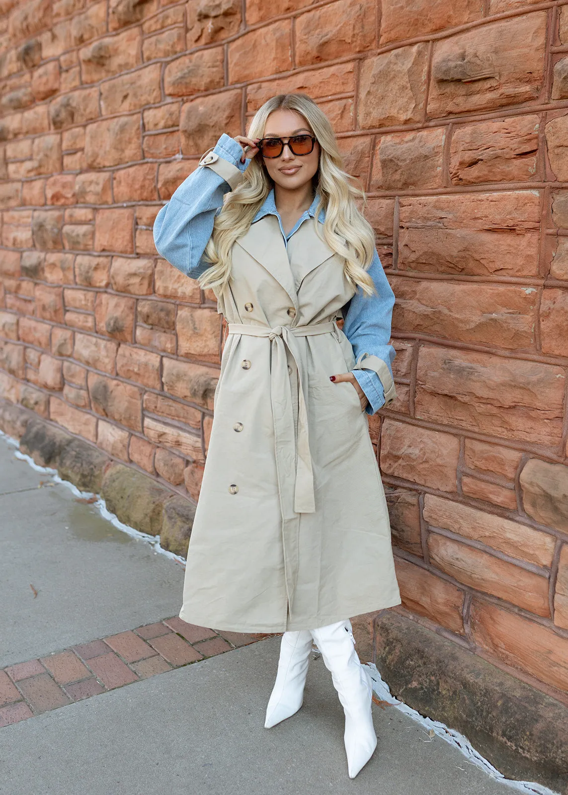 Layered Taupe & Denim Trench Coat