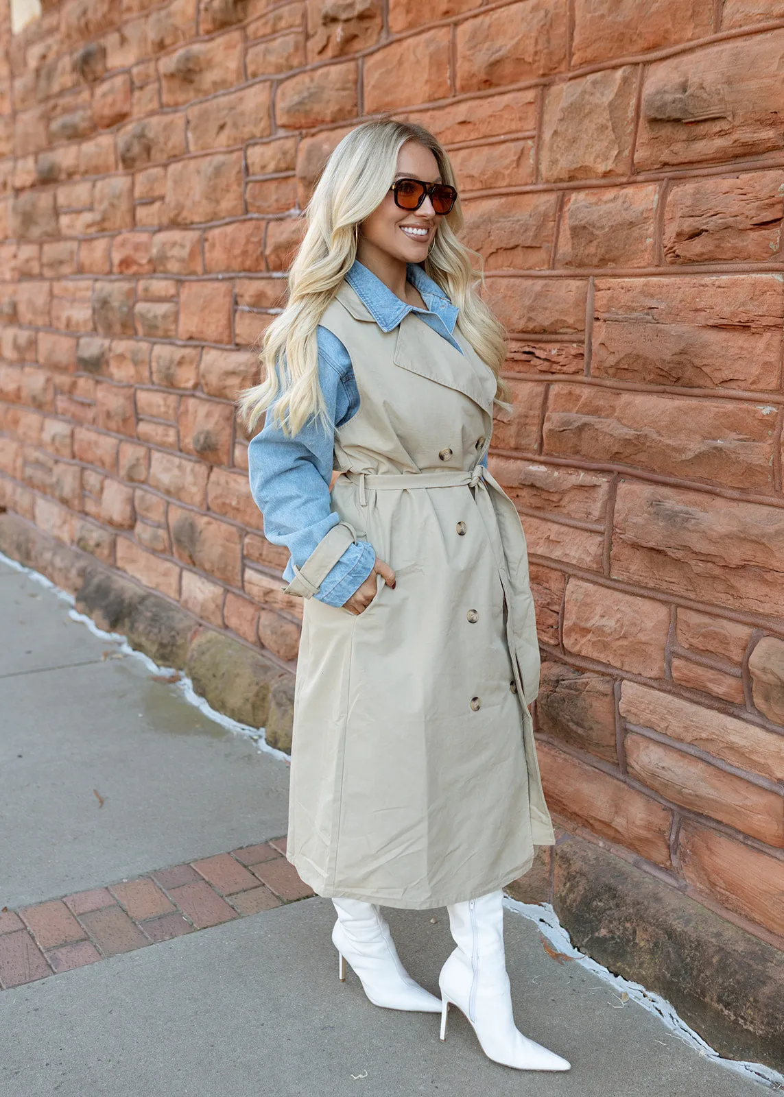 Layered Taupe & Denim Trench Coat