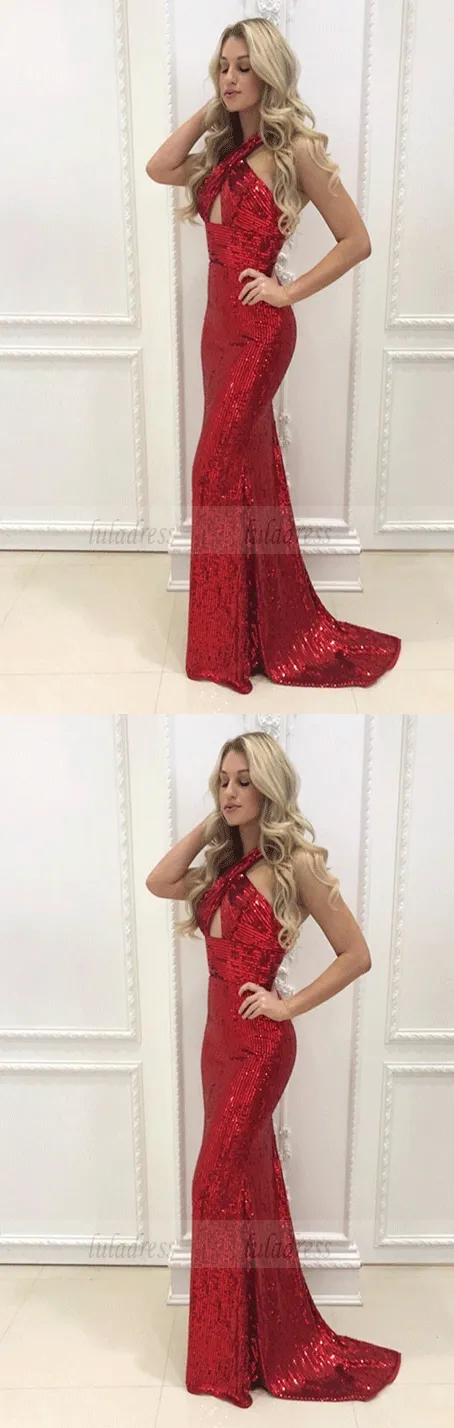 Mermaid Halter Sweep Train Red Sequined Prom Dress