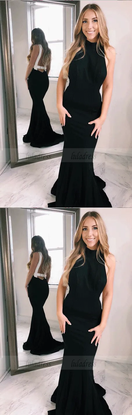 Mermaid Jewel Open Back Sweep Train Black Satin Prom Dress