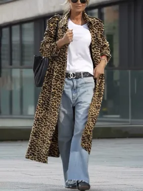 New Leopard Print Lapel Trench Coat Loose Casual Long Sleeve Women's Jacket