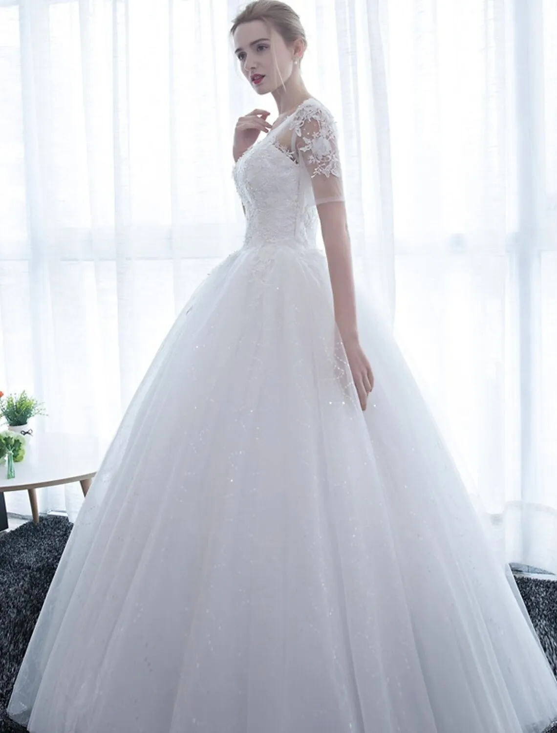 Reception Formal Wedding Dresses Ball Gown Illusion Neck Half Sleeve Floor Length Satin Bridal Gowns With Lace 2023 Summer Wedding Party