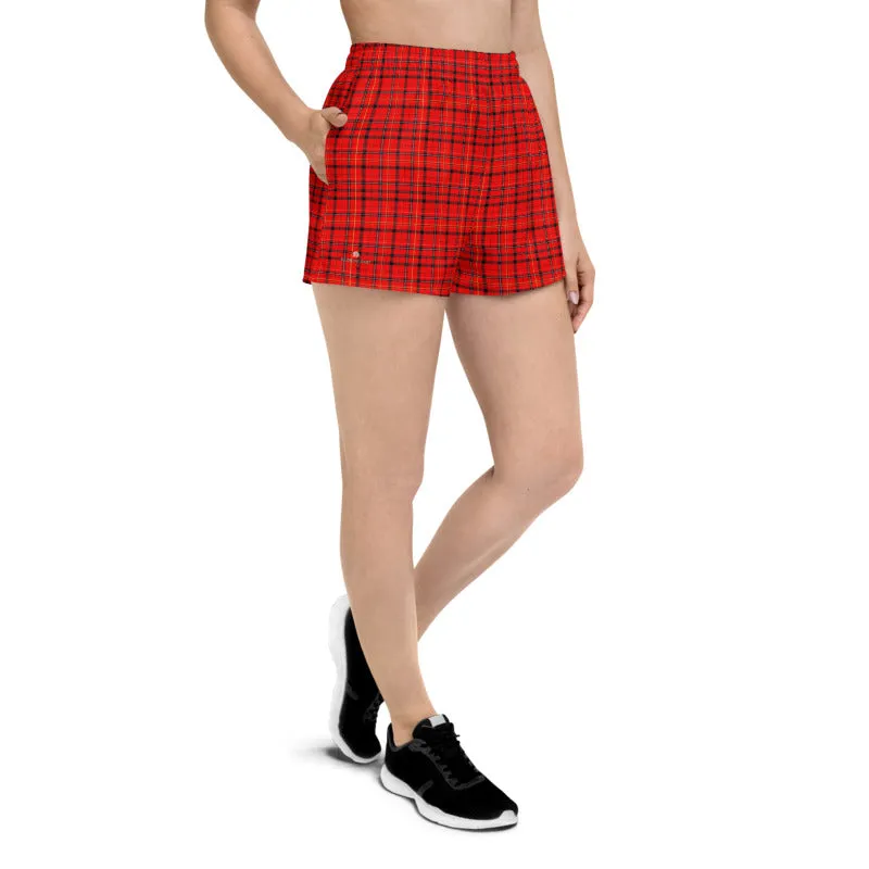 Red Plaid Ladies Shorts, Scottish Tartan Print Women's Athletic Short Shorts-Made in EU/USA/MX