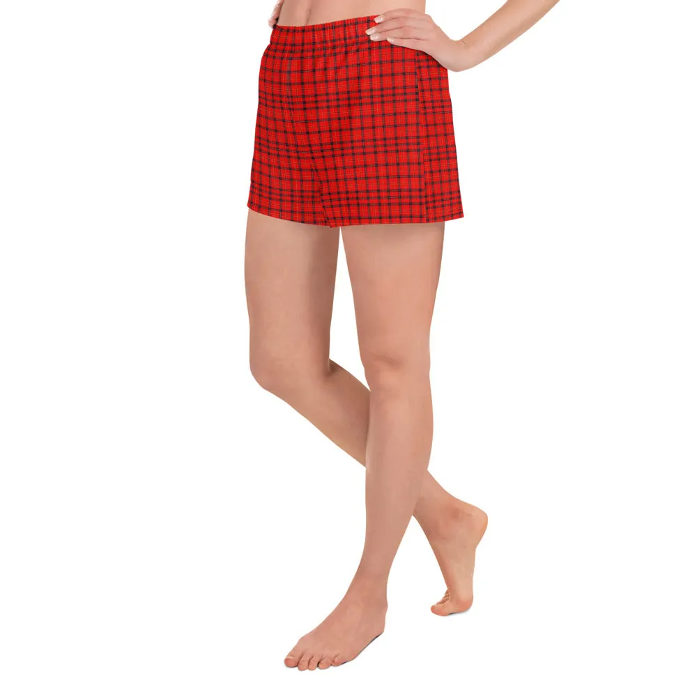 Red Plaid Ladies Shorts, Scottish Tartan Print Women's Athletic Short Shorts-Made in EU/USA/MX