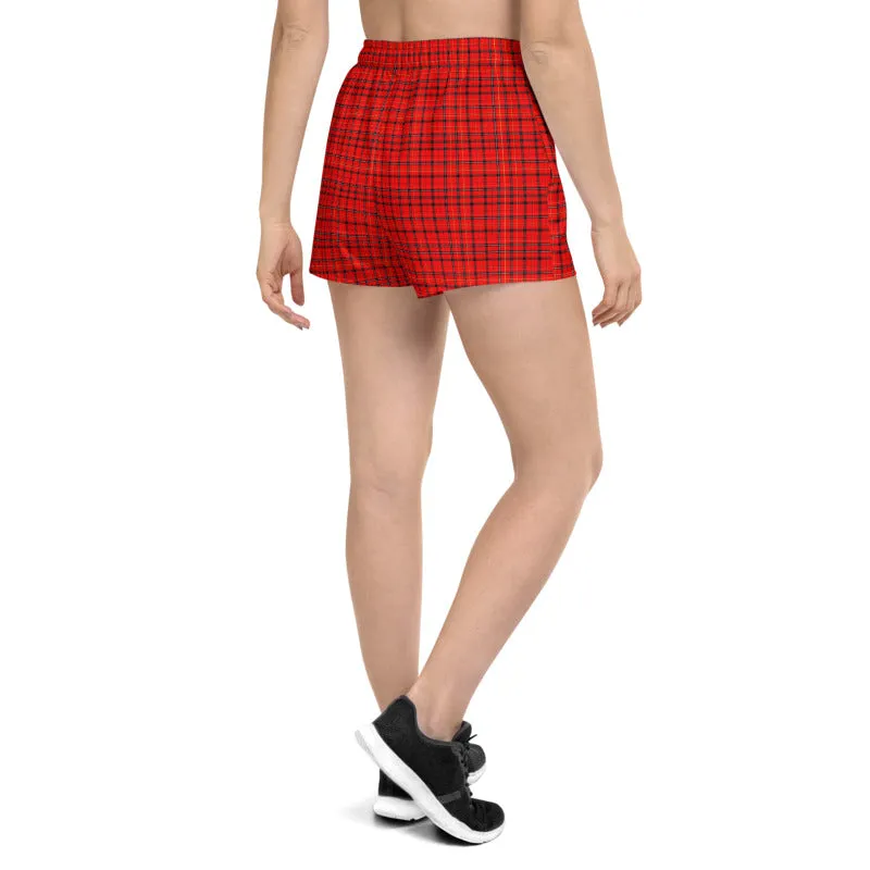 Red Plaid Ladies Shorts, Scottish Tartan Print Women's Athletic Short Shorts-Made in EU/USA/MX